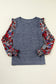 Blue Ruffle Tiered Floral Sleeve Crew Neck Blouse