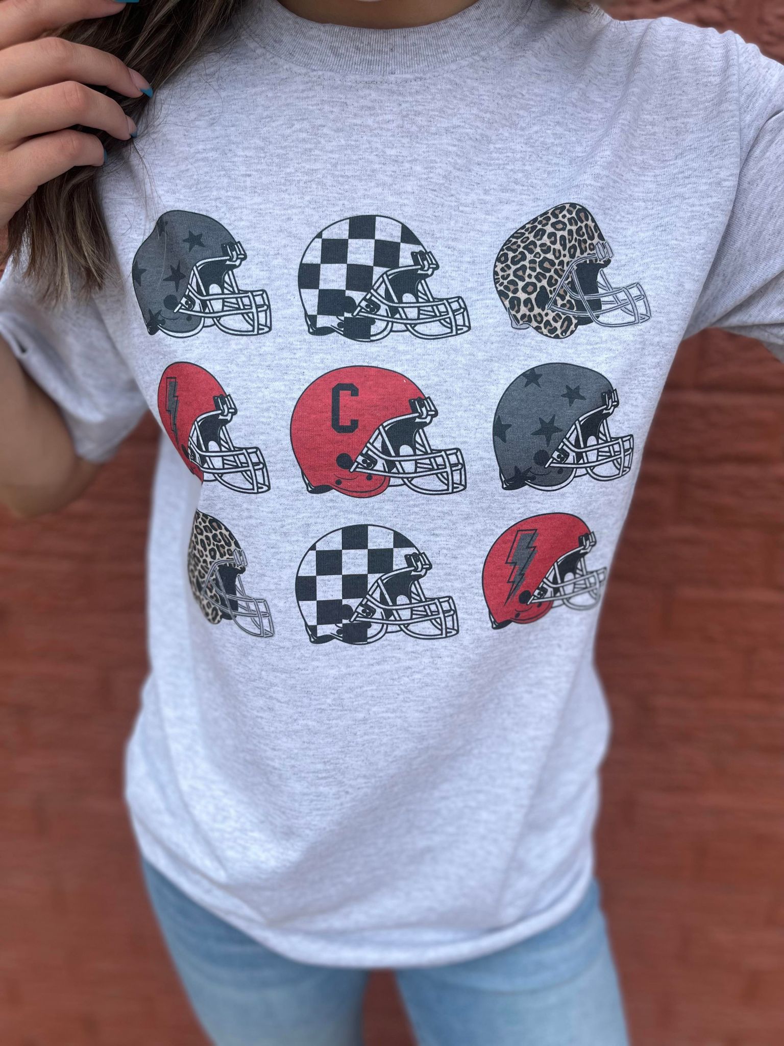 Repeating Football Helmet Custom Mascot Tee- ASK Apparel LLC