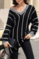 Black Colorblock Striped V Neck Knitted Loose Sweater