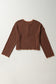 Brown Stripe Textured Frilly Trim Buttons Henley Long Sleeve Top