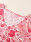 Pink Boho Floral V Neck Kimono Style Blouse