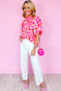 Pink Abstract Print Button Back Ruffed High Neck Blouse