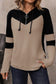 Parchment Textured Colorblock Long Sleeve Quarter Zip Drawstring Hooded Top