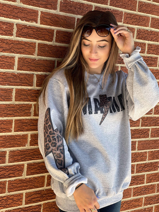 Leopard Mama Lightening Bolt Crew-ASK Apparel LLC